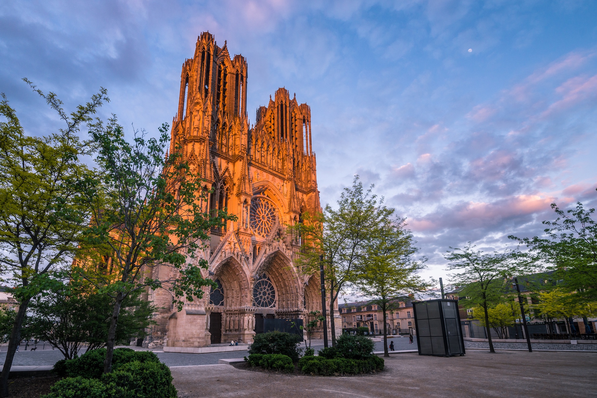Reims cathedral in sunset light, France